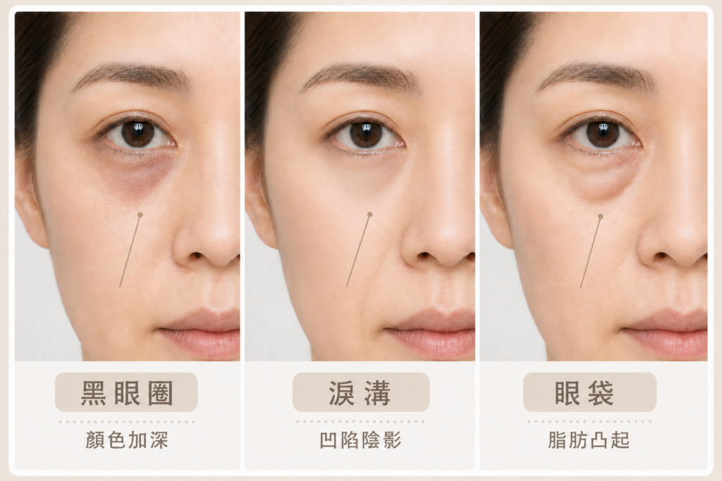 黑眼圈、淚溝、眼袋三種類型比較圖：顏色加深、凹陷陰影、脂肪凸起
