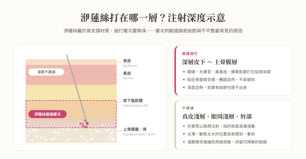 洢蓮絲注射深度示意圖：建議打在深層皮下至上骨膜層，真皮淺層與眼周淺層不建議