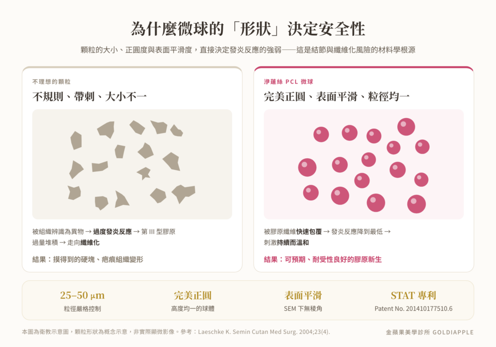 洢蓮絲 PCL 微球形狀與安全性比較：不規則顆粒引發過度發炎，平滑正圓微球刺激溫和