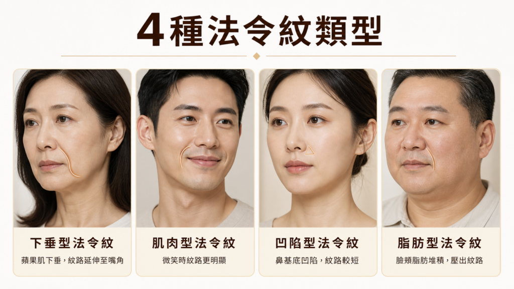 法令紋4種類型：下垂型法令紋、肌肉型法令紋、凹陷型法令紋、脂肪型法令紋