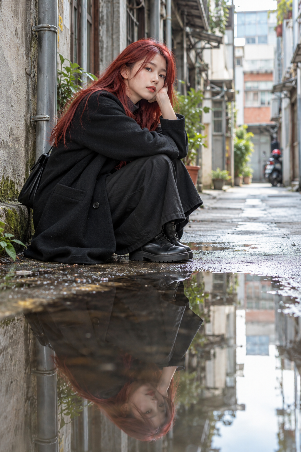紅髮女子坐在雨後巷弄水窪旁
